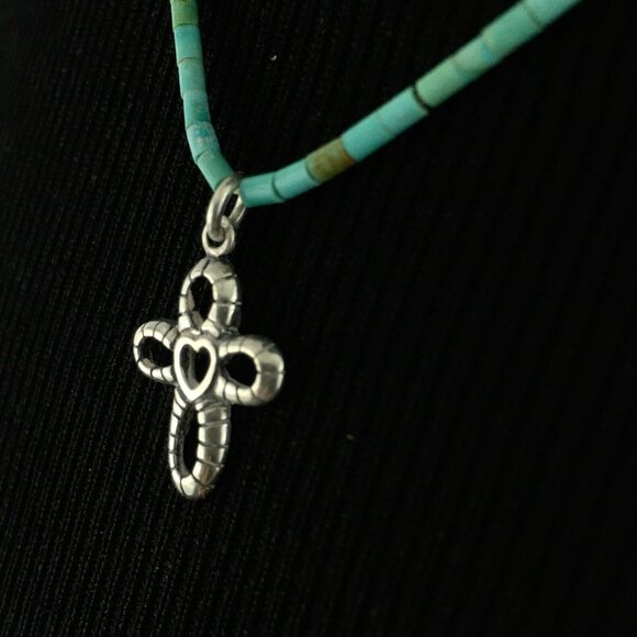 SOUTHWEST turquoise heishi bead necklace w/ sterling silver heart cross pendant - Picture 4 of 7
